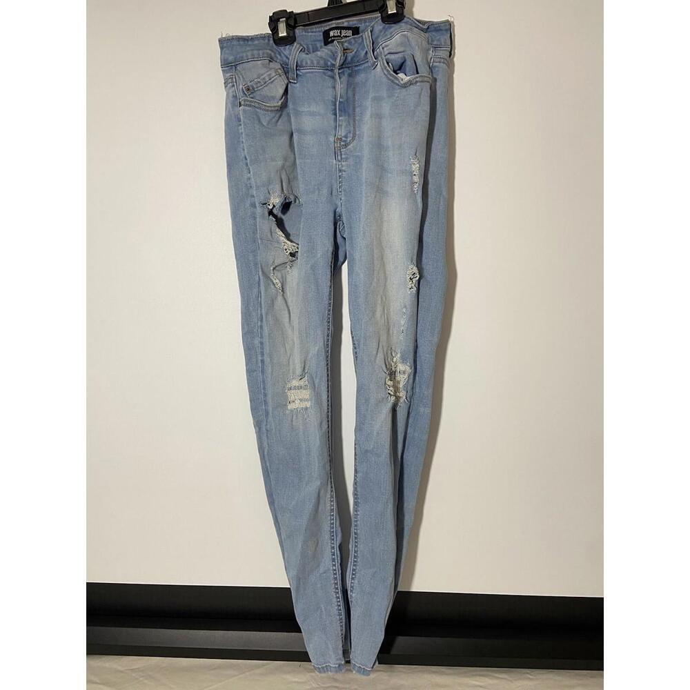 Wax Jean Women's Junior Size 11 Blue Skinny Distressed High Rise Stretch Jean